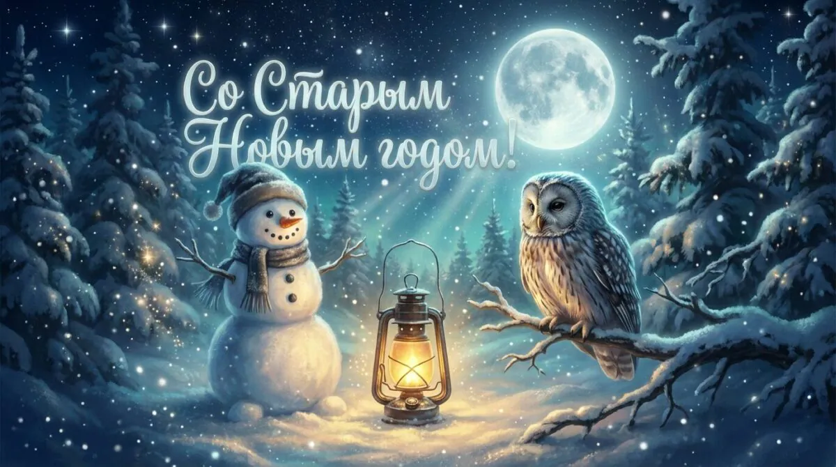 Снеговик с фонарем и сова на ветке в заснеженном лесу ночью. Надпись "Со Старым Новым годом!".