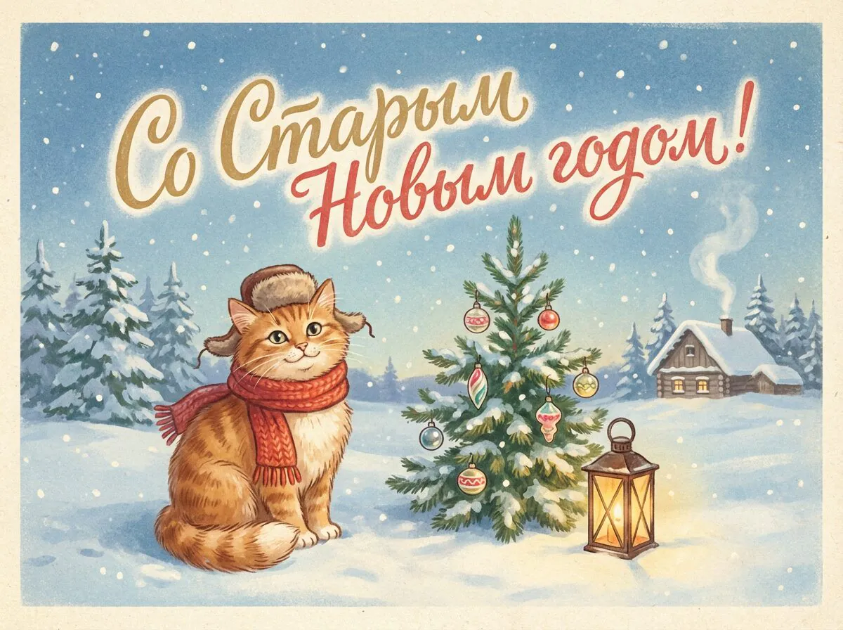 Винтажная открытка СССР с котом в шапке-ушанке и шарфе у наряженной елки с фонарем. Надпись "Со Старым Новым годом!".