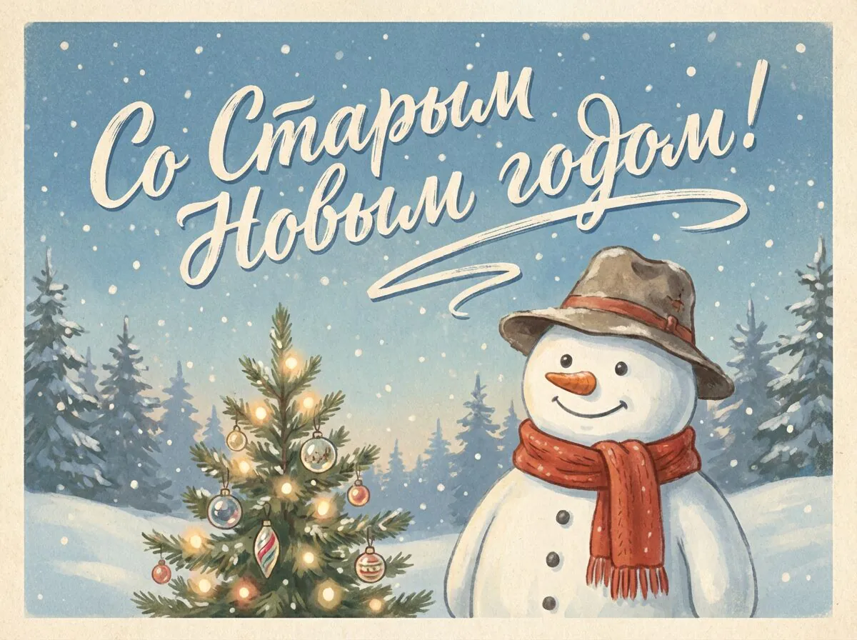 Зимняя сцена со снеговиком, совой и фонарем при луне. Надпись "Со Старым Новым годом!".