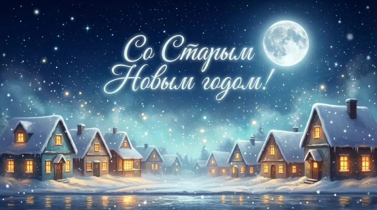 ютная зимняя сцена со снеговиком, снегопадом, винтажными фонарями и елочкой. Надпись "Со Старым Новым годом!".